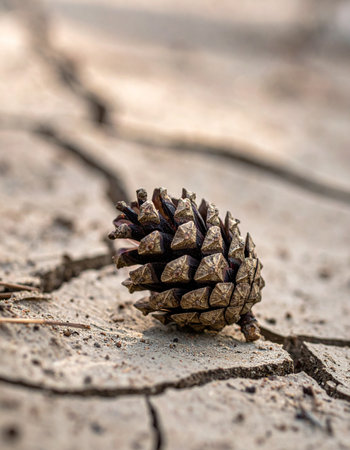 A single, resilient pinecone rests on the parched, cracked surface of a dry lakebed.の素材