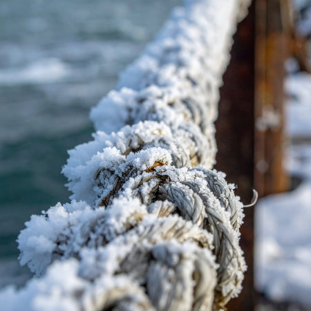 A close-up view captures the intricate beauty of a thick mooring rope encased in a delicate layer of hoarfrost and snow.の素材