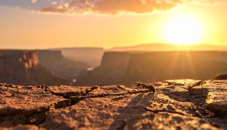 As the sun dips below the horizon, a warm golden light bathes the vast canyon, illuminating the textured rock of the cliff edge.の素材