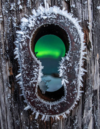 A macro view of a vintage keyhole on a weathered wooden door, encrusted with sharp ice crystals from the winter cold.の素材
