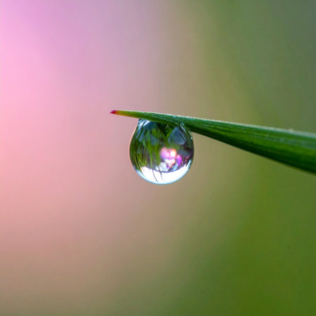 A single, perfect dewdrop clings to the tip of a grass blade, capturing the soft, colorful light of a new day.の素材