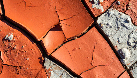 A powerful macro photograph capturing the intricate patterns of dry, cracked terracotta and gray earth.の素材