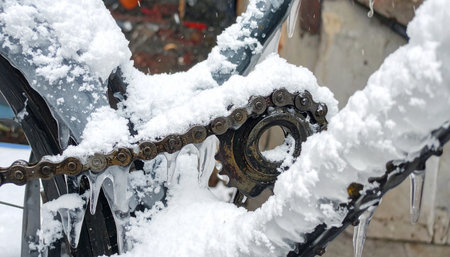 A close-up view of a bicycle's drivetrain, completely encased in snow and ice.の素材