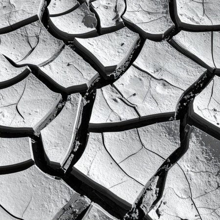 A high-contrast, black and white macro photograph captures the intricate geometric patterns of severely cracked earth.の素材