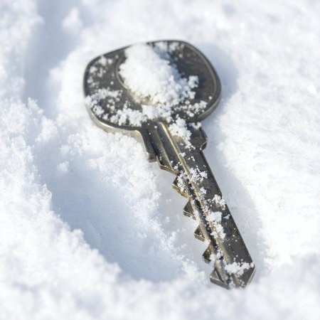 Close-up of a lost metal key resting in a bed of fresh snow. The image evokes feelings of mystery, loss, and the potential for a new discovery or opportunity.の素材