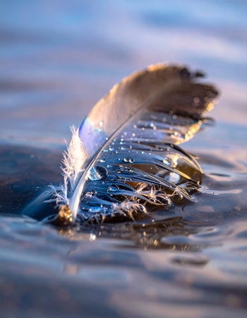 A single, delicate feather rests gently on the calm surface of the water, its iridescent surface catching the soft light.の素材