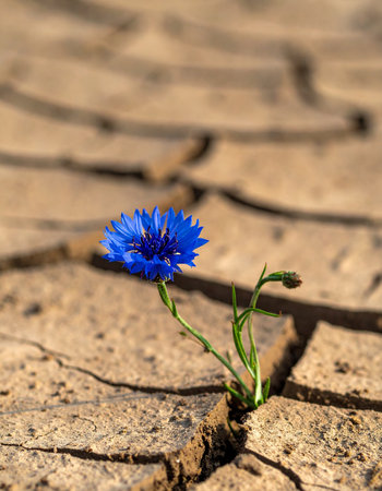 In the midst of a parched and cracked landscape, a single, vibrant blue cornflower defiantly pushes through the dry earth.の素材