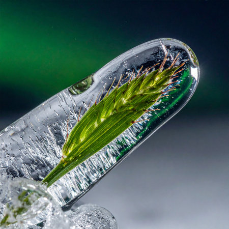 A vibrant green sprout, a symbol of life and potential, is perfectly preserved within a crystal-clear capsule of ice.の素材