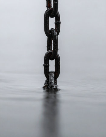 A heavy, dark industrial chain breaks the still surface of the water on a foggy, atmospheric morning. The scene evokes a sense of mystery, strength, and the unknown depths that lie beneath.の素材