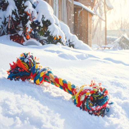 A vibrant, multicolored braided rope toy rests in the deep, fresh snow of a backyard during a sunny winter morning.の素材