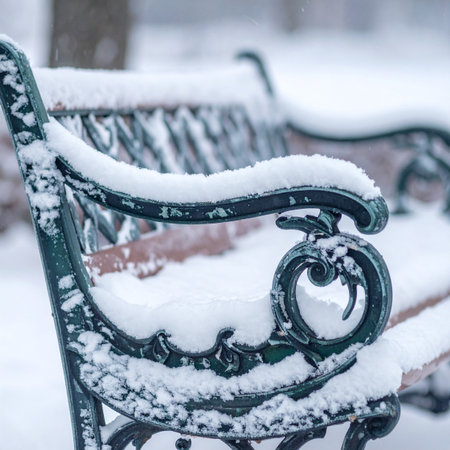 A close-up view of an ornate park bench resting under a thick blanket of freshly fallen snow.の素材
