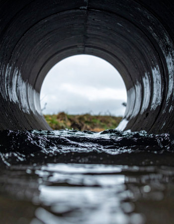 A view from within a dark, wet industrial pipe looking out towards the light.の素材