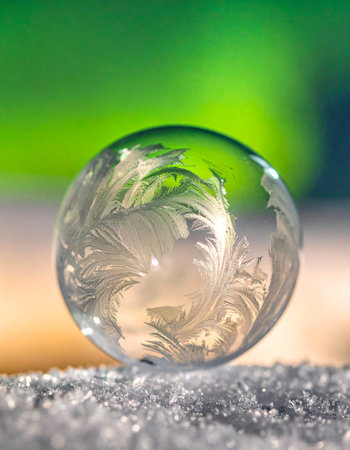 A delicate soap bubble, captured in a moment of suspended animation, reveals intricate ice crystal patterns across its fragile surface.の素材