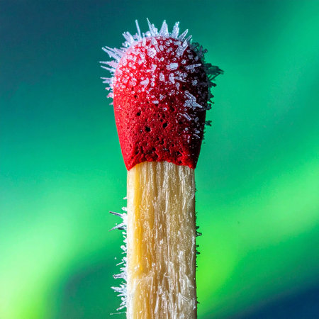 A single matchstick, its vibrant red head encrusted with delicate ice crystals, stands against a cool green backdrop.の素材