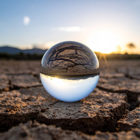 A crystal ball rests on the cracked, parched earth of a desolate landscape, reflecting the scene within its sphere.の素材