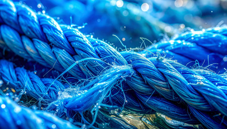 A close-up, detailed view of a vibrant blue nautical rope, glistening with water droplets.の素材