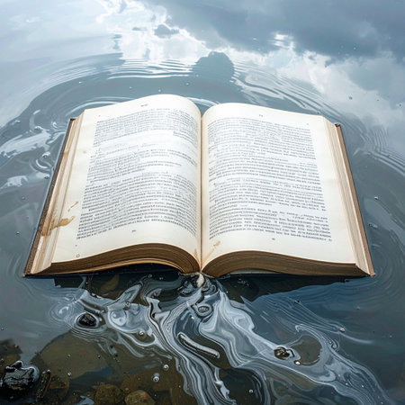 An old, open book drifts serenely on the calm surface of the water, its pages filled with stories reflecting the vast, cloudy sky above.の素材