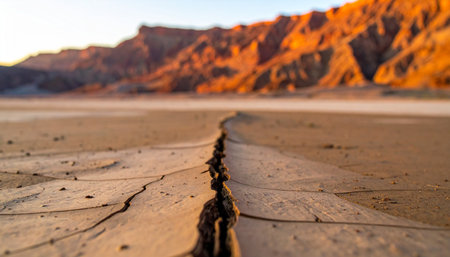 A deep fissure carves a path through the sun-baked desert floor, a stark reminder of extreme heat and prolonged drought.の素材
