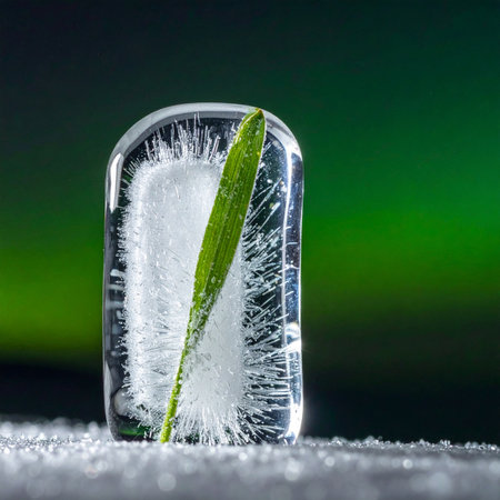A single, vibrant green blade of grass is perfectly preserved within a block of crystalline ice.の素材