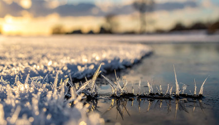 A close-up view captures the delicate beauty of the first frost of the season.の素材