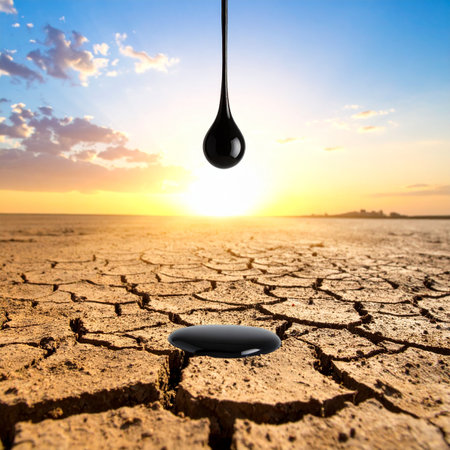 A single, viscous drop of crude oil falls onto the parched, cracked earth of a vast desert at sunset.の素材