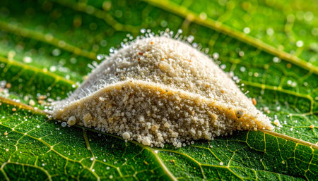 In a miniature world unseen by most, a pear slug larva, cloaked in a strange, granular coat, rests upon the vibrant green landscape of a leaf.の素材