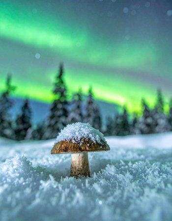 In the quiet heart of a frozen forest, a single mushroom casts a warm, magical glow upon the fresh snow.の素材