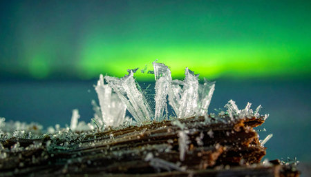 In the deep stillness of an arctic night, delicate ice crystals form intricate, sharp patterns on a weathered branch.の素材