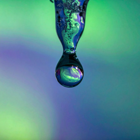 A single, perfect droplet of liquid hangs suspended in time, capturing a world of vibrant green, blue, and purple within its reflective surface.の素材