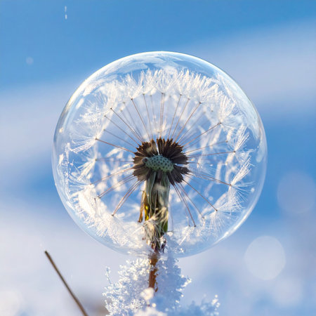 A delicate dandelion seed head is perfectly preserved within a magical, frozen bubble, capturing a fleeting moment of winter's wonder.の素材