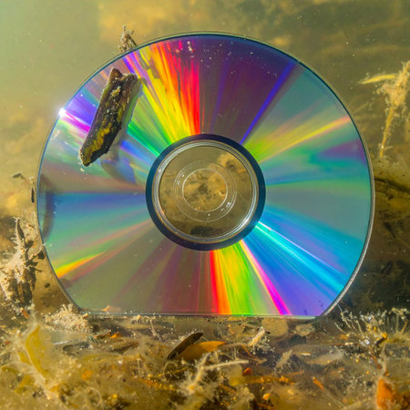 A forgotten compact disc rests on the murky bed of a pond, its iridescent surface catching the light to create a beautiful, yet somber, rainbow.の素材