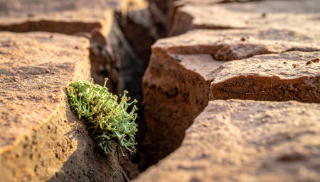 In the harsh, sun-baked landscape of cracked, dry earth, a single, determined green sprout emerges.の素材