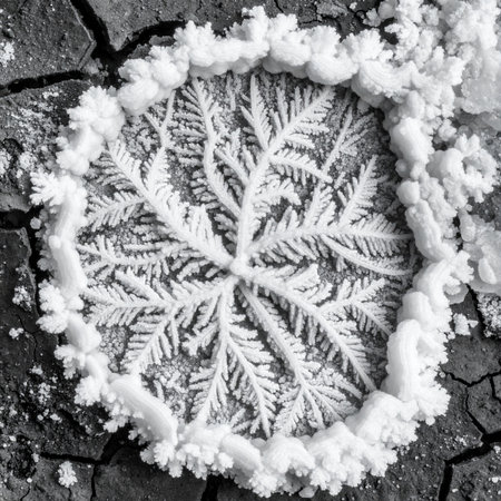 A delicate and intricate frost flower blooms from the parched, cracked earth, its fractal patterns resembling a frozen fern.の素材
