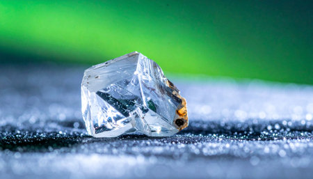 A single, magnificent raw diamond rests on a cool, textured surface, its natural crystalline structure catching the light.の素材