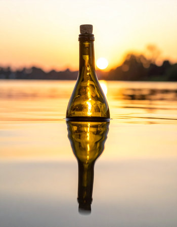 A single glass bottle, sealed with a cork, floats adrift on the calm surface of a lake during a beautiful golden sunset.の素材