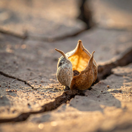 An empty seed pod rests in a deep crack of sun-baked earth, a powerful symbol of a cycle completed and the resilient promise of new life.の素材