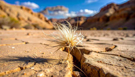 In the heart of a sun-scorched canyon, the parched earth splits open.の素材