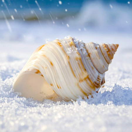 A beautiful, spiraled seashell, a relic of summer warmth, finds itself resting on a bed of fresh winter snow.の素材