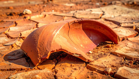 A broken piece of rusty metal, a forgotten relic of a bygone era, lies abandoned on the parched, cracked earth.の素材