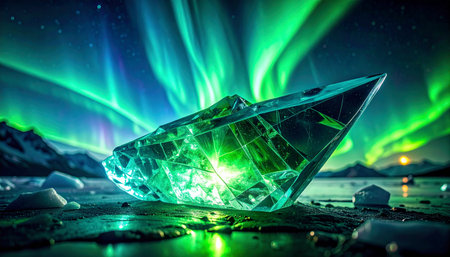 In the heart of a frozen arctic expanse, a rare, luminous crystal rests on the ice, absorbing and reflecting the magical dance of the aurora borealis above.の素材