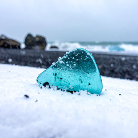 A stunning, jewel-like piece of glacial ice rests on the snowy, black volcanic sands of Iceland.の素材