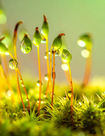 In the quiet light of dawn, tiny droplets of morning dew cling to the delicate sporophytes of moss.の素材