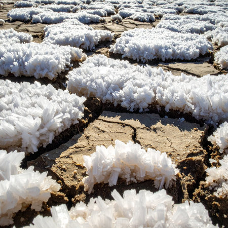 In an arid, sun-scorched landscape, the earth cracks under the intense heat.の素材