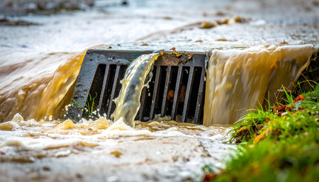 During a powerful downpour, the city's drainage system is overwhelmed.の素材