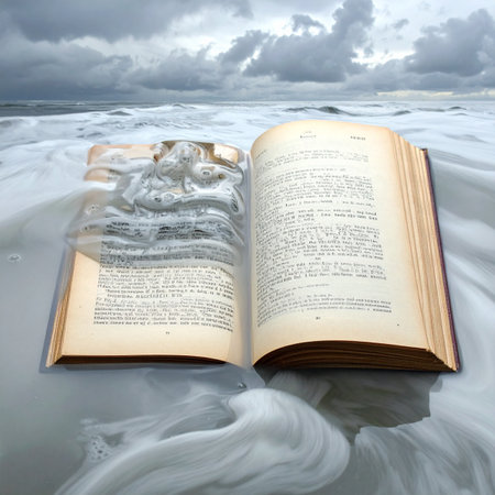 An ancient book lies open on the shore as the relentless ocean waves wash over its pages.の素材