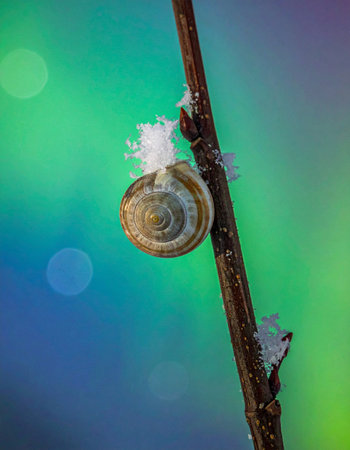 A tiny snail, adorned with delicate ice crystals, clings to a frosted twig.の素材