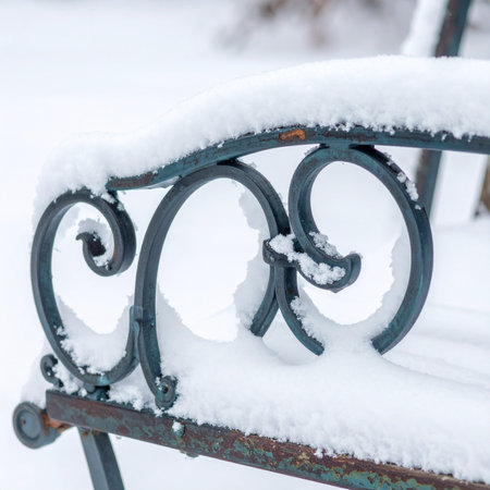 A quiet winter morning scene. A layer of fresh, untouched snow blankets an ornate wrought iron bench, creating a peaceful and serene atmosphere. The cold air brings a sense of stillness and solitude.の素材