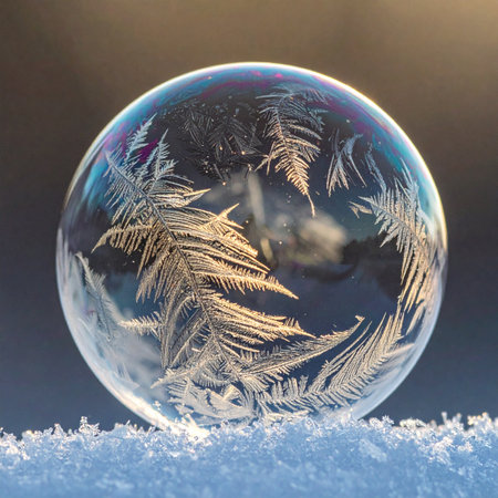 A moment of winter magic captured in extreme detail. Intricate, fern-like ice crystals spread across the delicate surface of a frozen soap bubble, glowing in the soft light.の素材