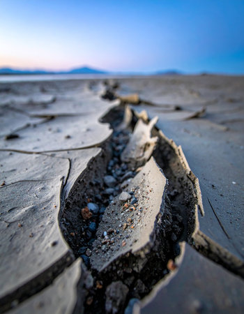 A heavy, rust-covered anchor chain lies partially buried in the wet sand of a tidal flat, a forgotten relic from a bygone era.の素材
