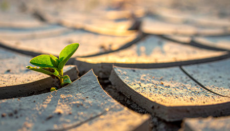 In the golden light of a new day, a single green sprout pushes through the dry, cracked earth.の素材